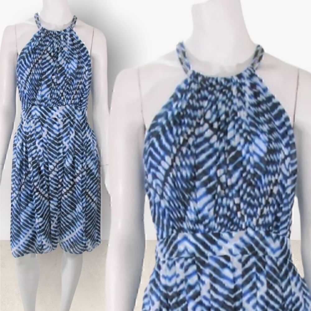 Blue Abstract Geometric Halter T-Back Cocktail Dress with Chain Detail Mini